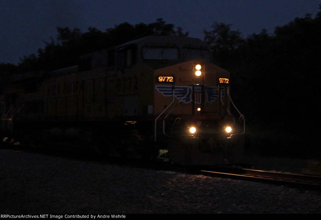 UP 9772 heads out with MPRSS at dusk